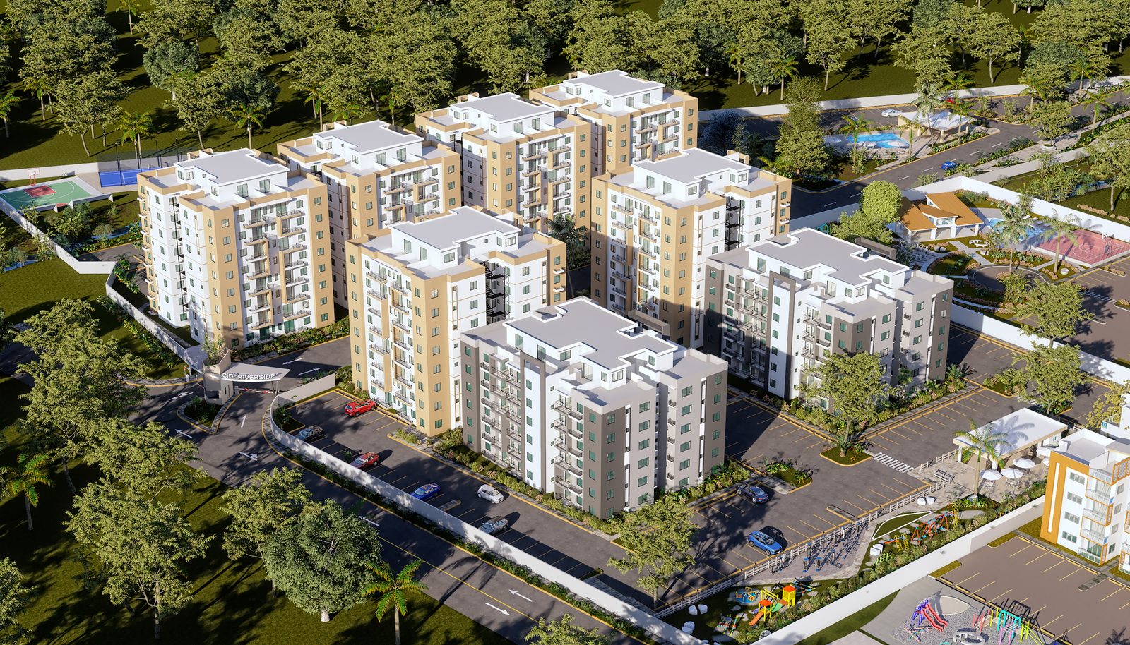 Vista aérea de Riverside: los edificios de apartamentos, las canchas, la piscina, las áreas verdes y los parqueos, en Santo Domingo Norte.