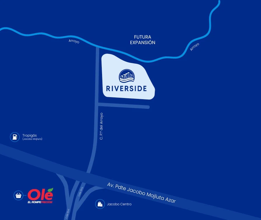 Mapa de Riverside en Santo Domingo Norte: sobre la C. Paseo del Arroyo, a minutos de la Av. Pdte. Jacobo Majluta Azar, Hipermercados Olé y Jacobo Centro.